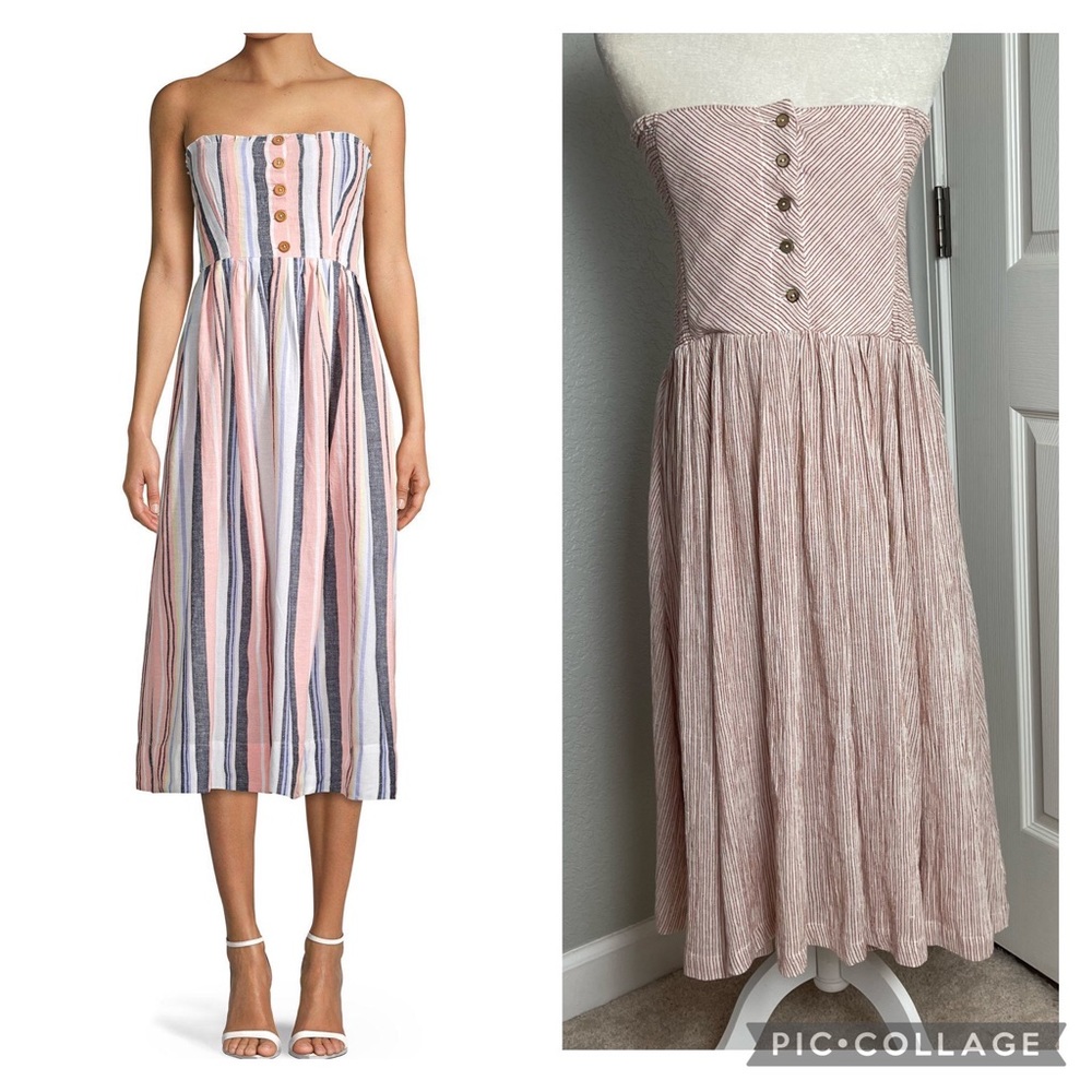 Free People Lilah Strapless Pleated Midi Tube Dress Brown Stripe Sz M